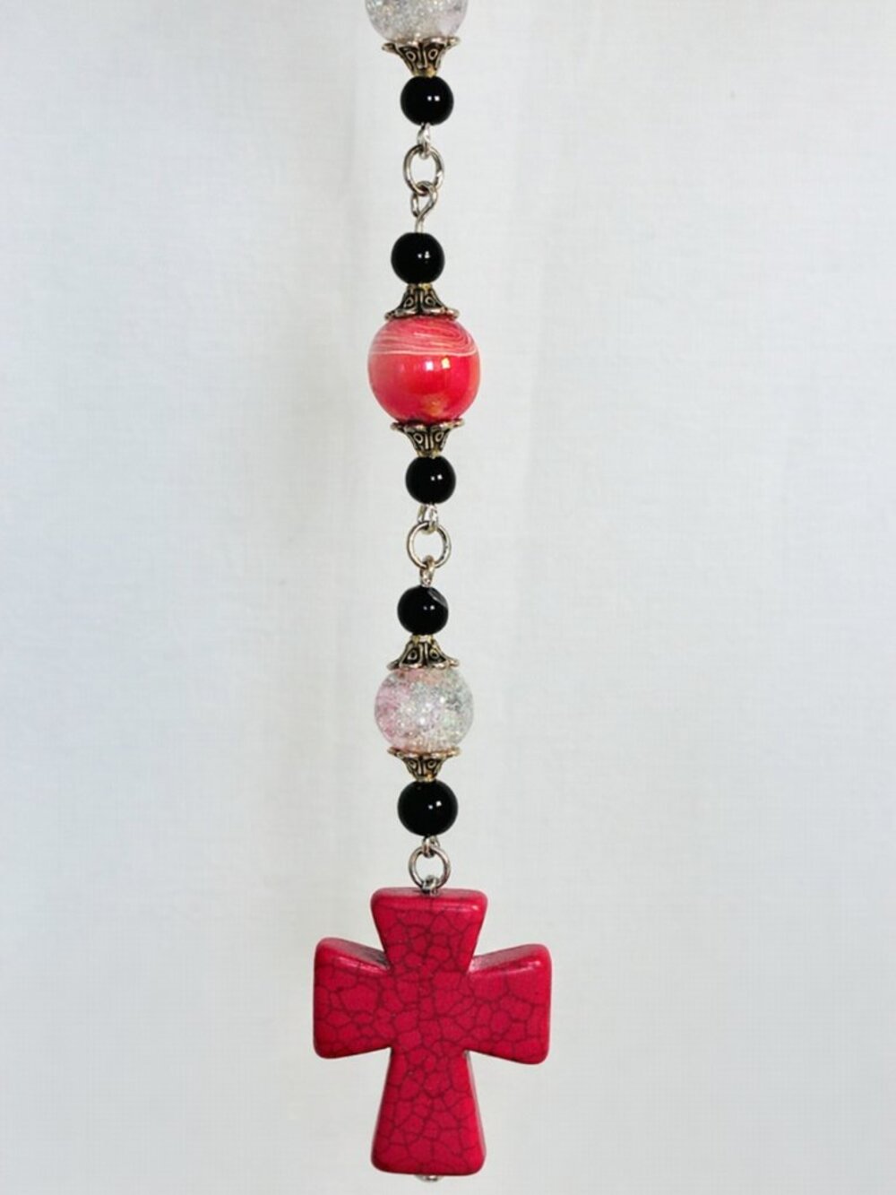 Red Cross Car Mirror Charm • Beaded Rearview Mirror Accessory • Handmade